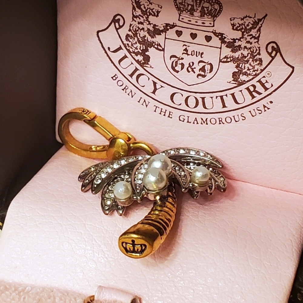 Juicy Couture Palm Tree Charm Coconut Pearl Rhinestone Pave Crystal Gold Nature - Picture 11 of 13